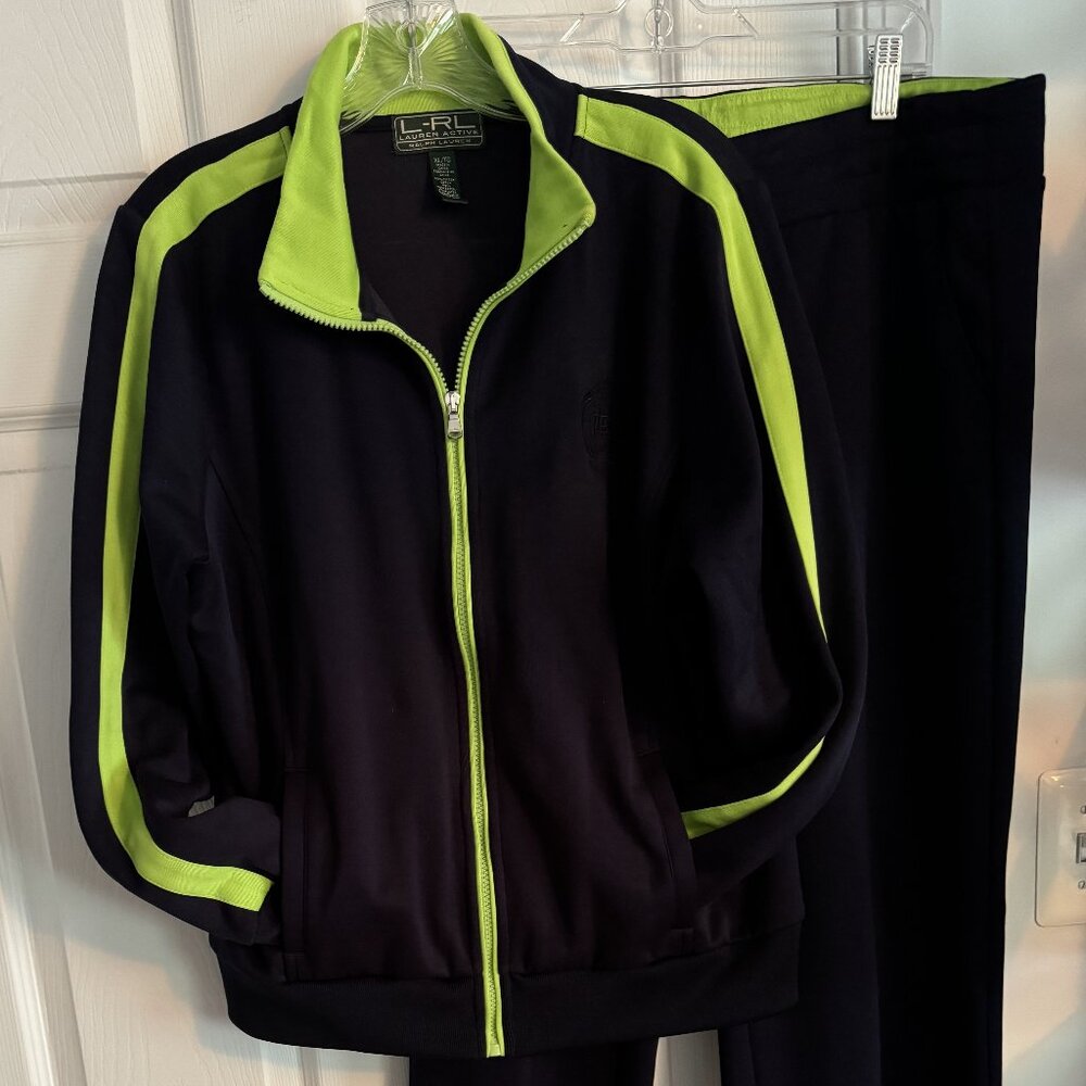 Ralph Lauren Active Set Zip Track Jacket-XL & Pants-L NavyBlue Lime Green w Logo